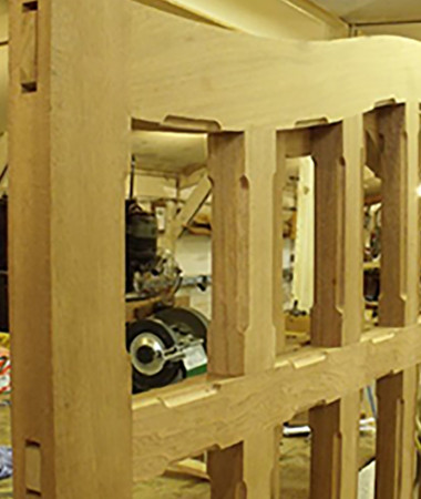 Solid panel gate under construction, showing mortise and tenon joint before wedges are fixed. This gives a 100 per cent guaranteed joint, unlike a stopped or blind tenon, that is inherently much weaker. Gate under construction