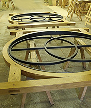Circular gate under construction. Built from quarter sawn Euro Oak to clients brief. Automated on Roger Technology underground motors. Location Hertfordshire. Circular gate under construction